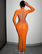 Robe Sexy Moulante À Rayures Zébrées Dos-Nu À Nœud Fendu