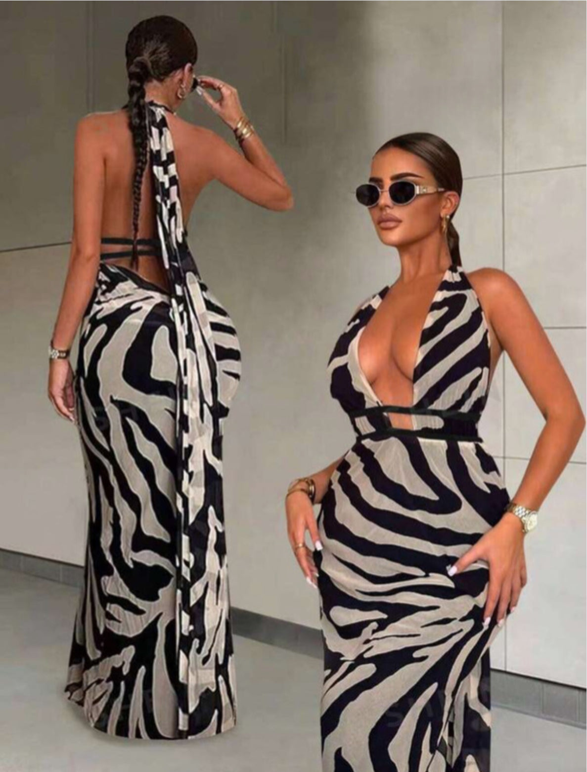 Robe longue dos nu motif zèbre