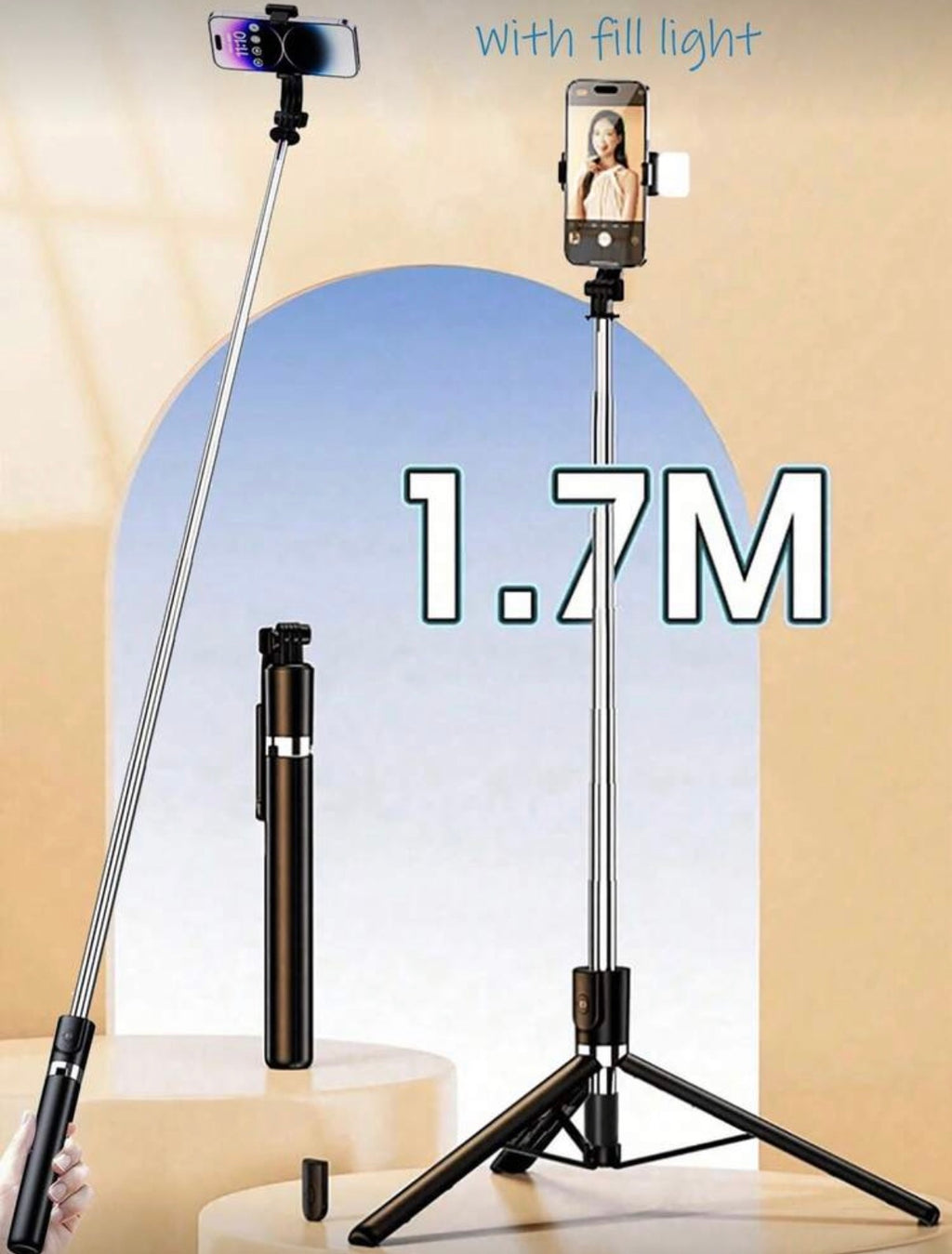 Premium 3-in-1 Selfie Stick Tripod – 1.7 m, LED Light & Bluetooth Remote