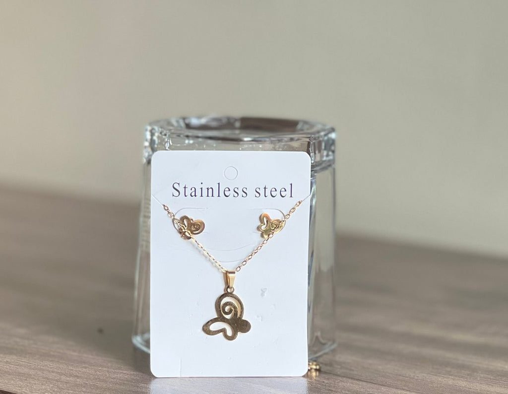 Ensemble Collier et Boucles d'Oreilles Papillon en Acier Inoxydable