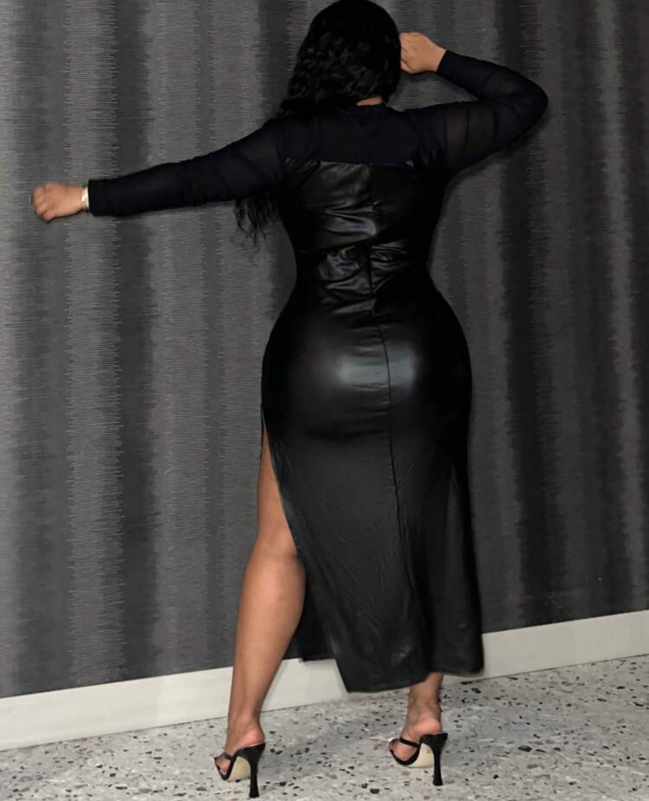 Plus Size Pu Leather Dress Split Hem Long Sleeve Mesh Top