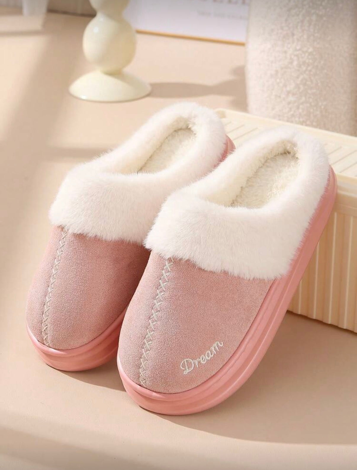Chaussons Douillets "Dream" à Plateforme – Rose Poudré & Fourrure Ultra-Douce