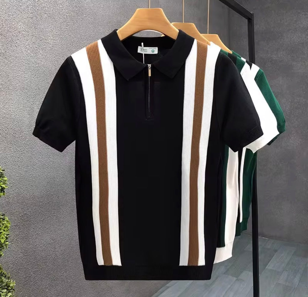 Men's Striped Knit Zip Polo Shirt