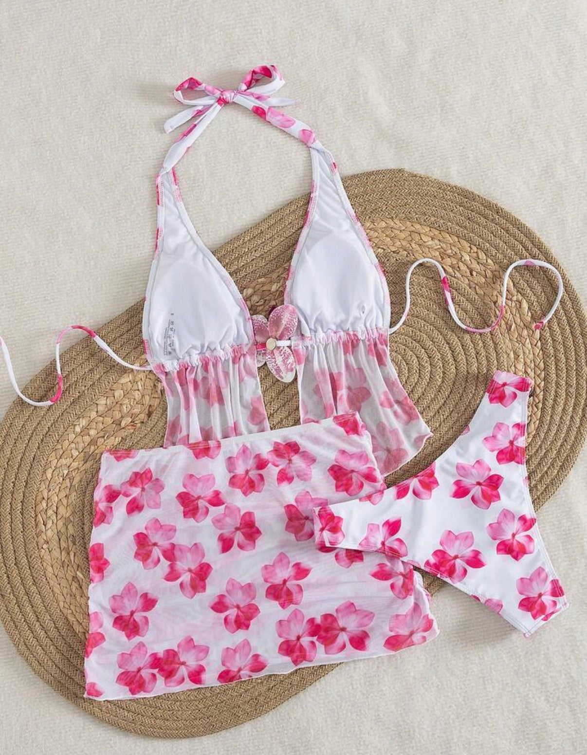 Ensemble Maillot de Bain 3 Pièces Floral & Voile de Plage