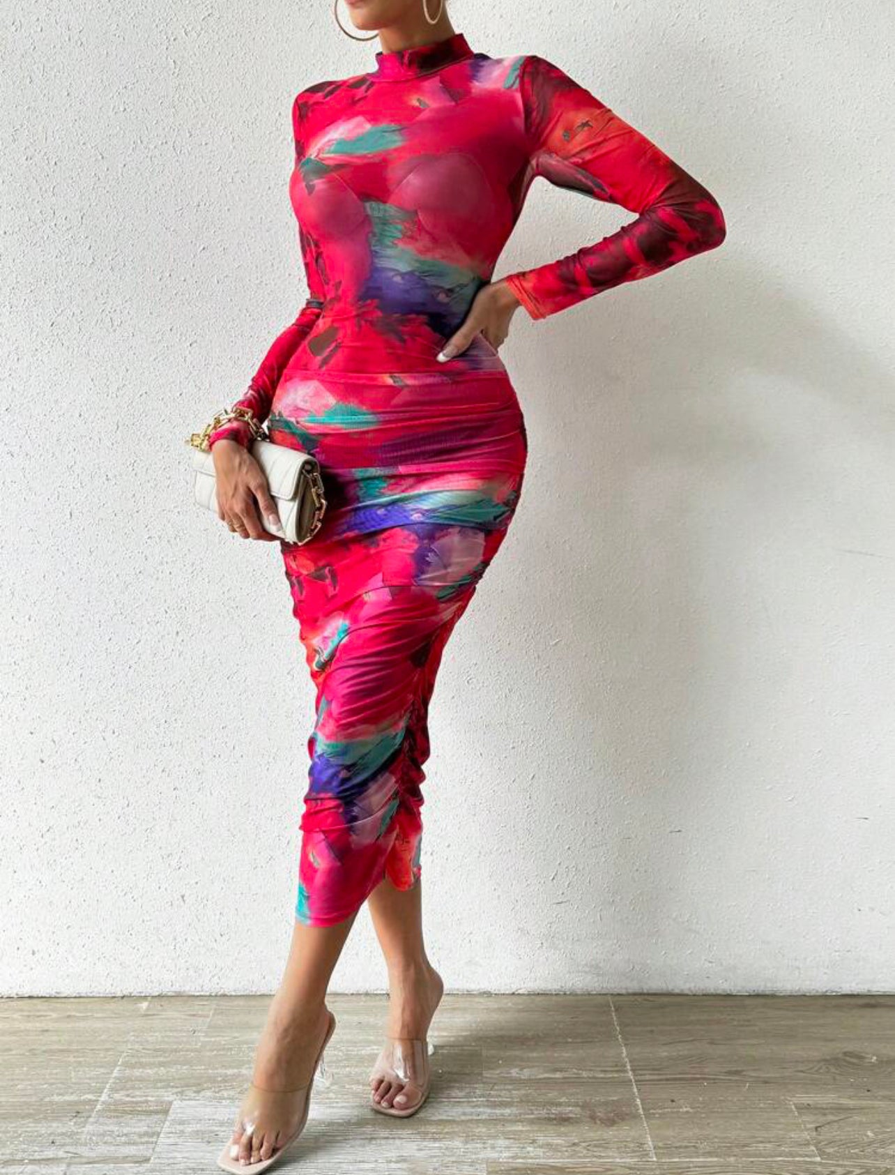 Sexy Tie Dye High Neck Ruched Bodycon Dress