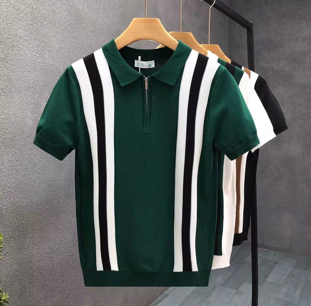 Men's Striped Knit Zip Polo Shirt