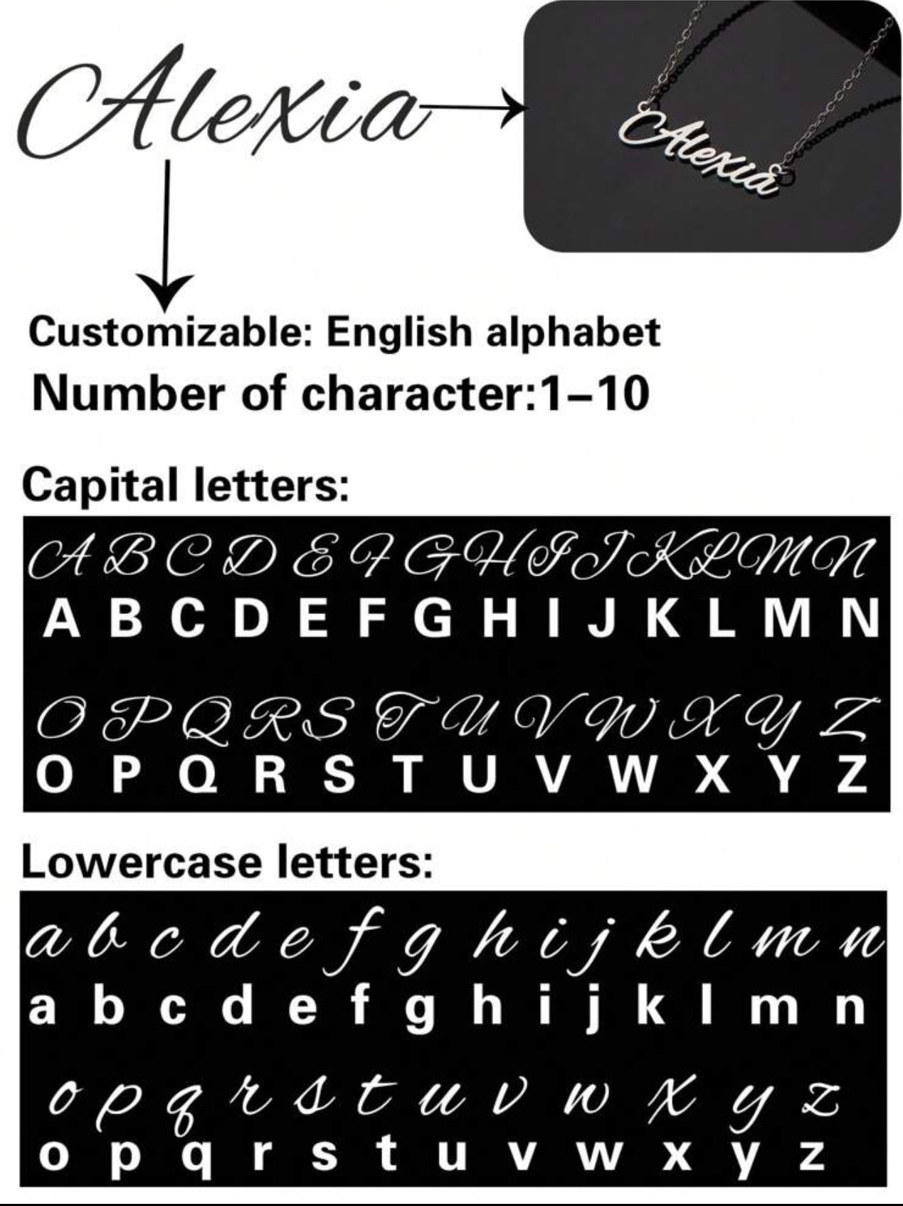 Collier en acier inoxydable avec nom personnalisé, police de l'alphabet anglais