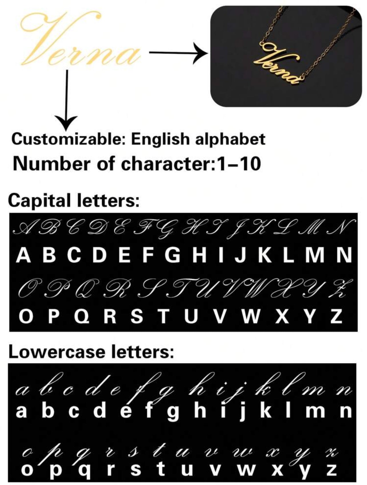 Collier en acier inoxydable avec nom personnalisé, police de l'alphabet anglais