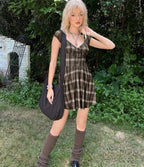 Grunge Plaid Dress with Lace Hem Bow
