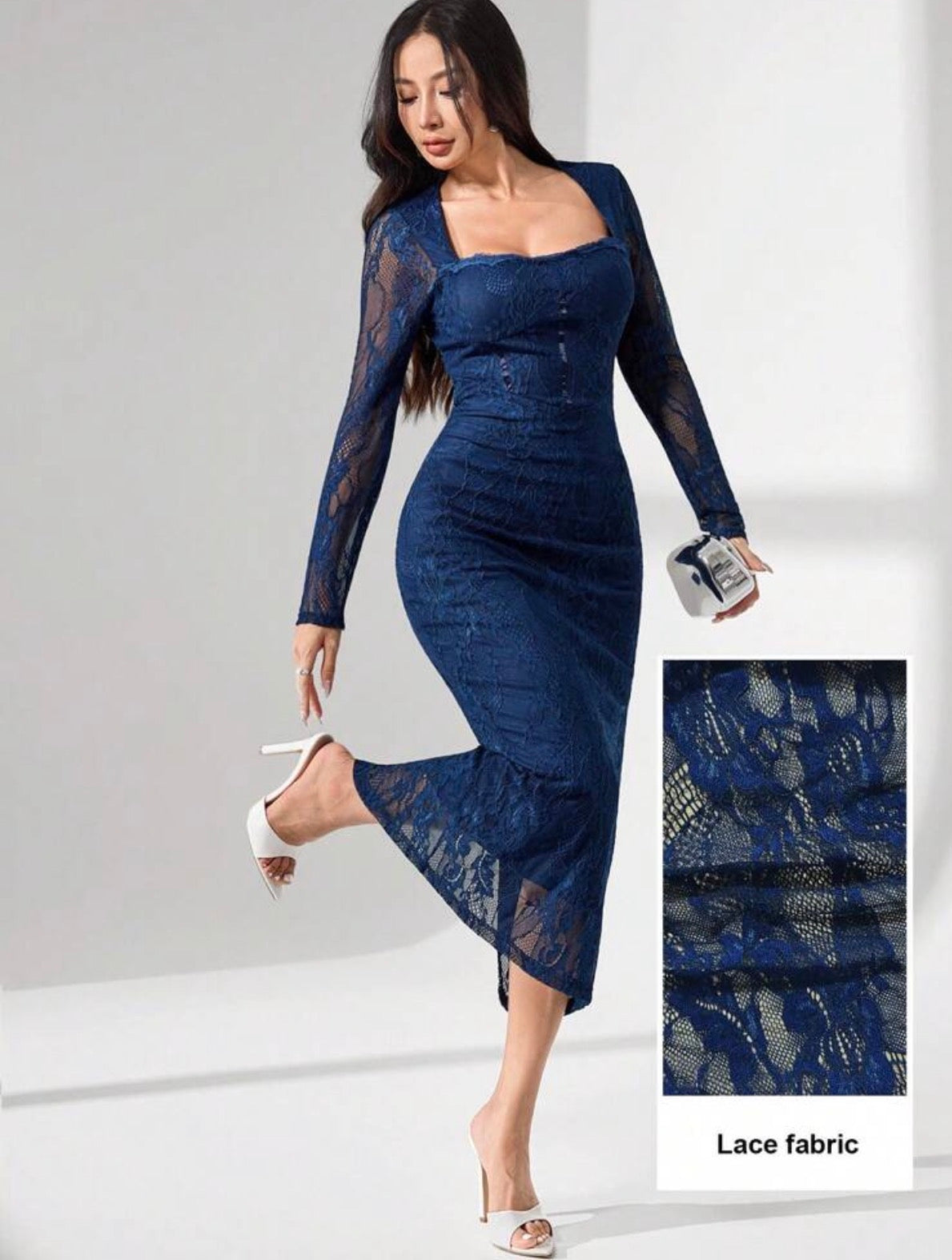 Robe Mi-Longue en Dentelle Florale Bleu Marine - Élégance Corsetée