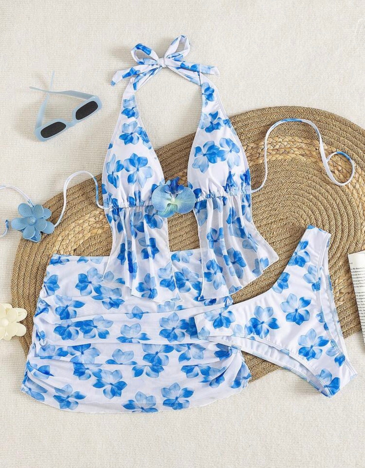 Ensemble Maillot de Bain 3 Pièces Floral & Voile de Plage