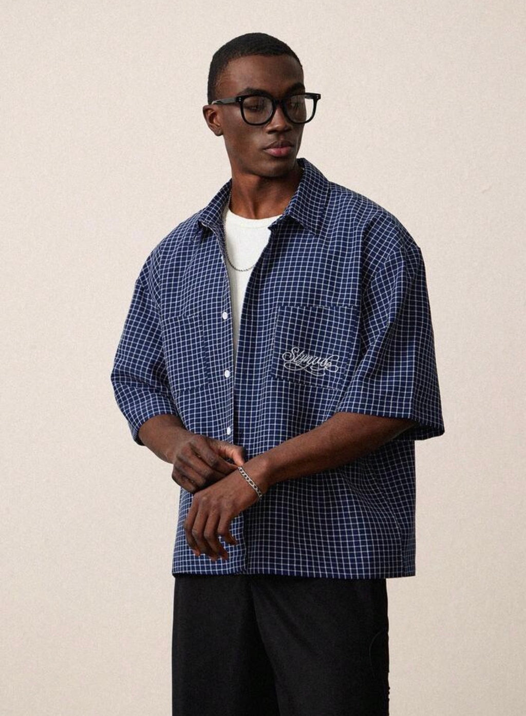 Chemise Homme Oversize à Carreaux Brodée – Manches Courtes Style Streetwear Vintage