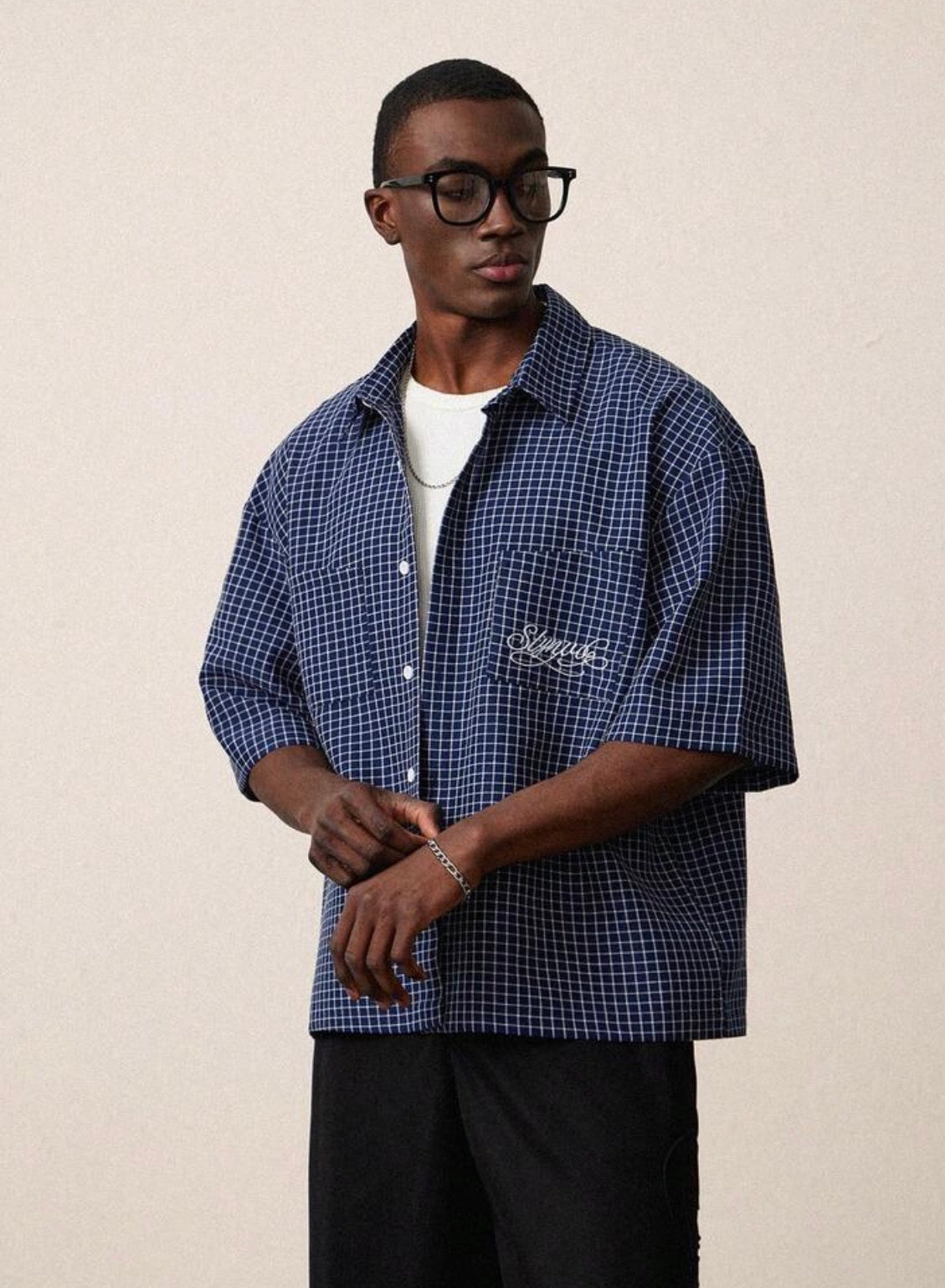 Chemise Homme Oversize à Carreaux Brodée – Manches Courtes Style Streetwear Vintage
