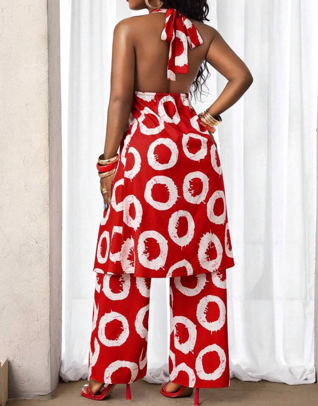Ensemble Tunique Fendue et Pantalon Large - Rouge Flamboyant à Cercles Blancs
