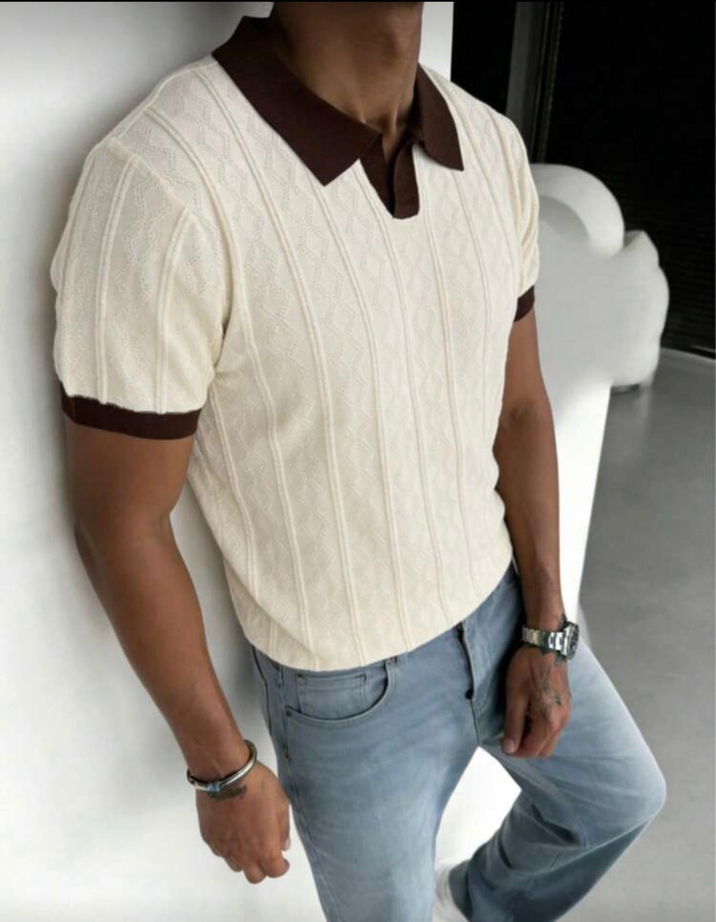 Polo en Maille Torsadée Contrasté – Style Vintage & Élégance Décontractée