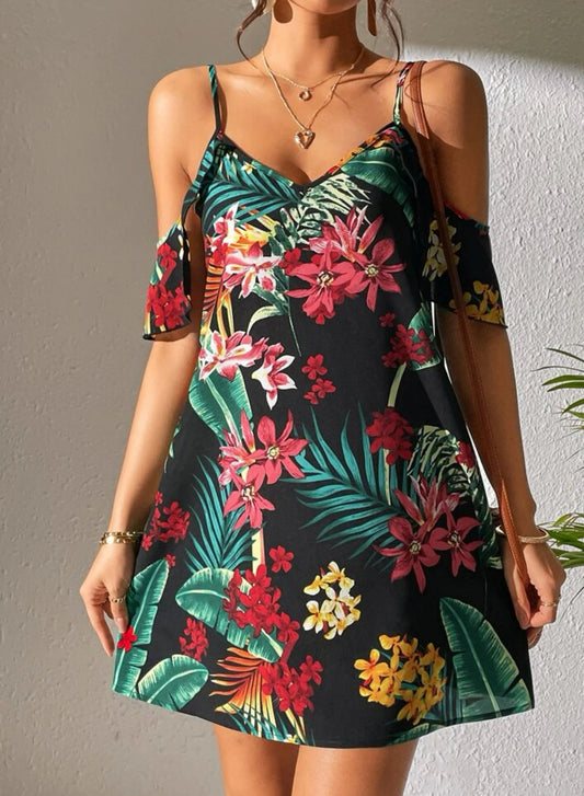 Schulterfreies Kleid mit tropischem Print