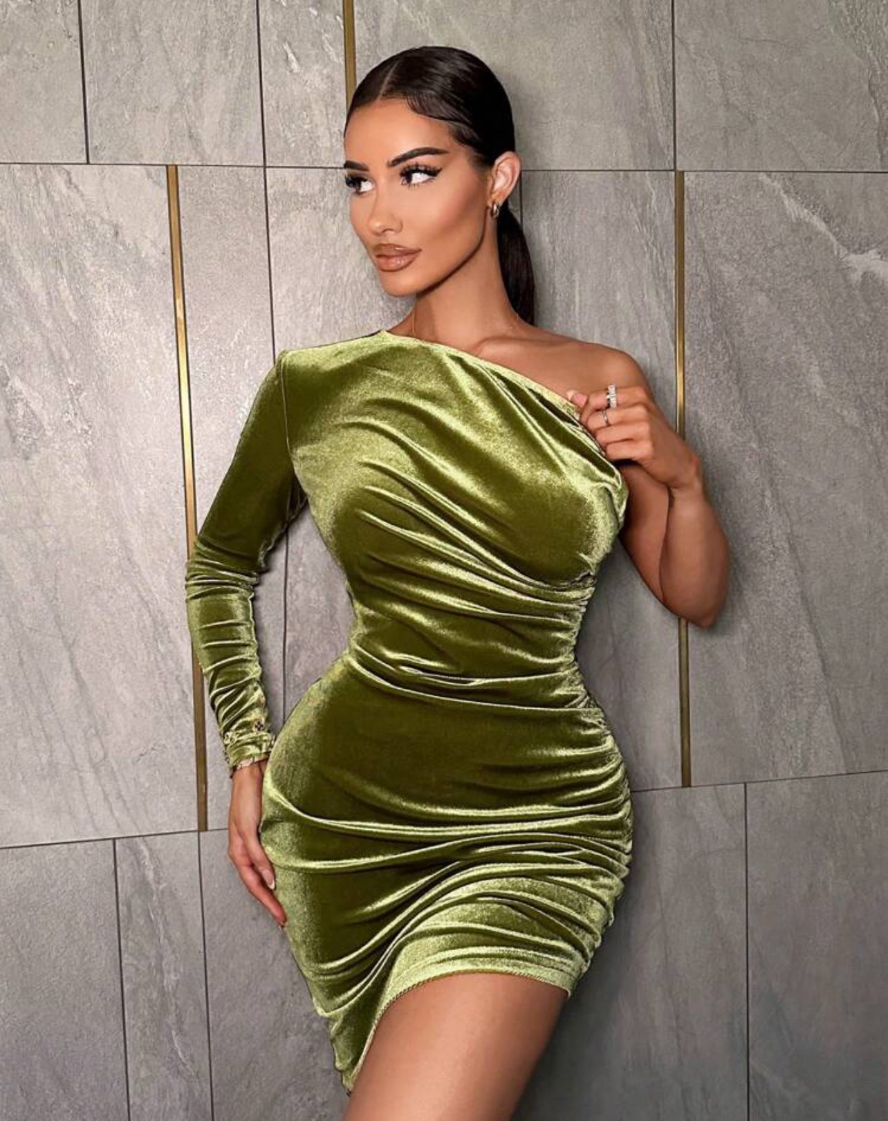 Green Sexy Warm Velvet Winter Dress, Ruched One Shoulder Women Dress