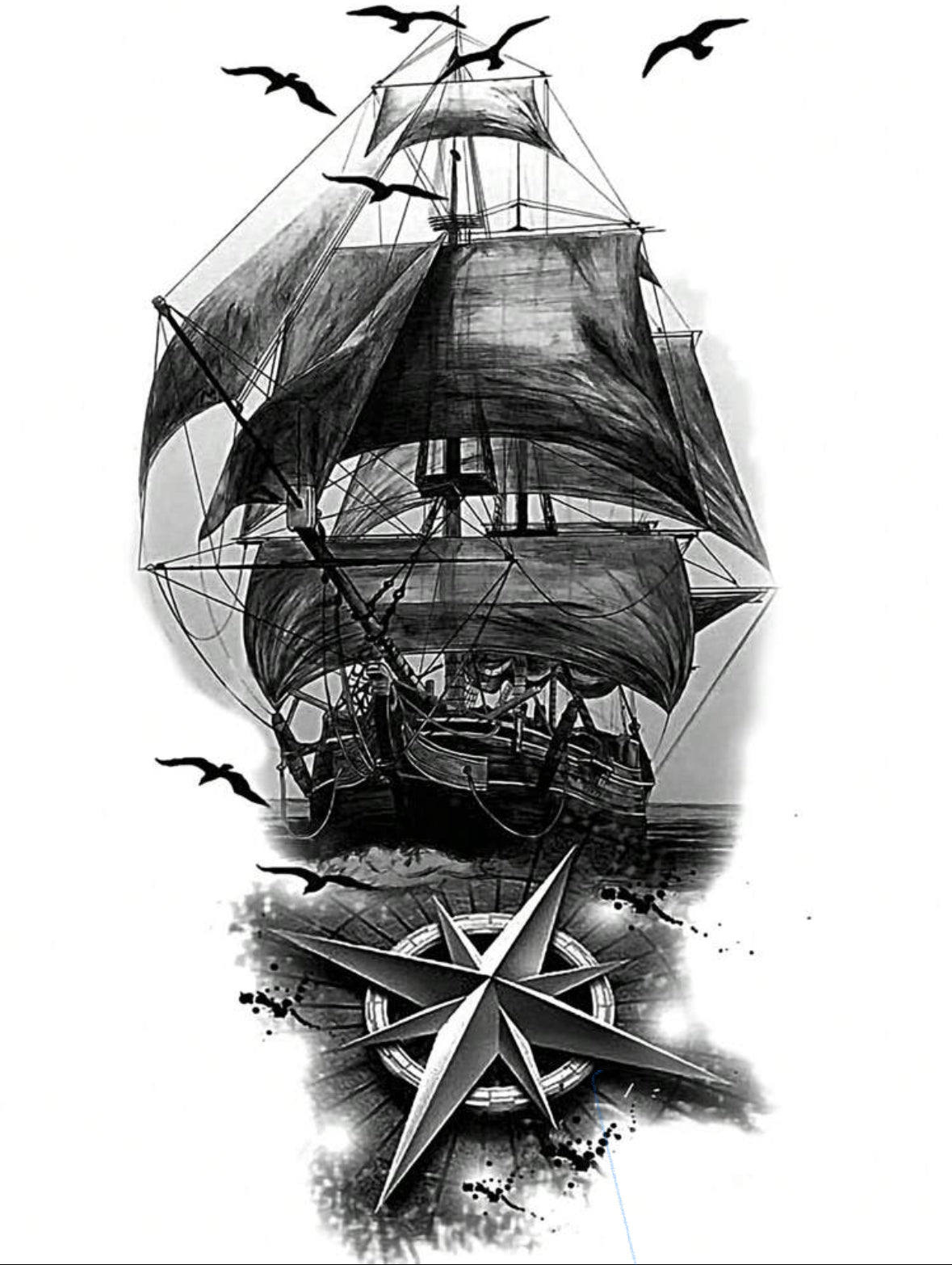 Tatouage Temporaire Bateau Pirate et Rose des Vents