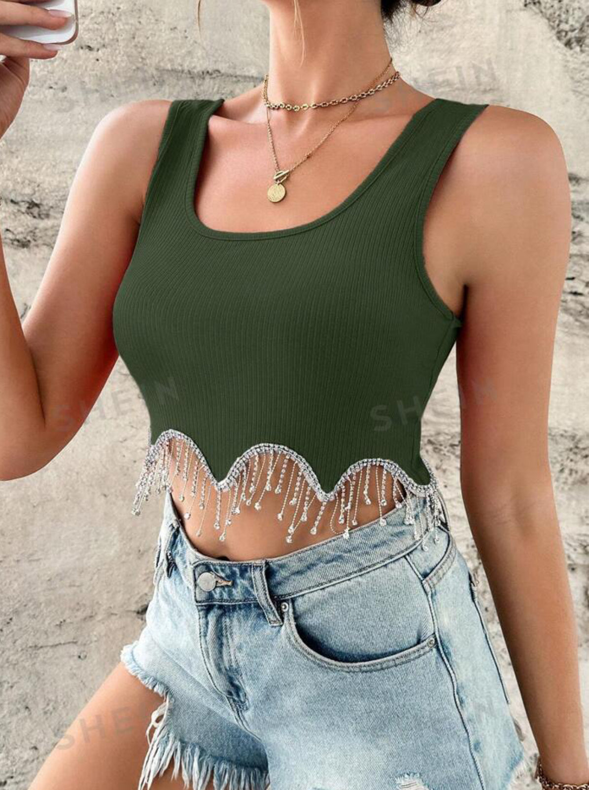 Top Sans Manches Court À Strass À Franges