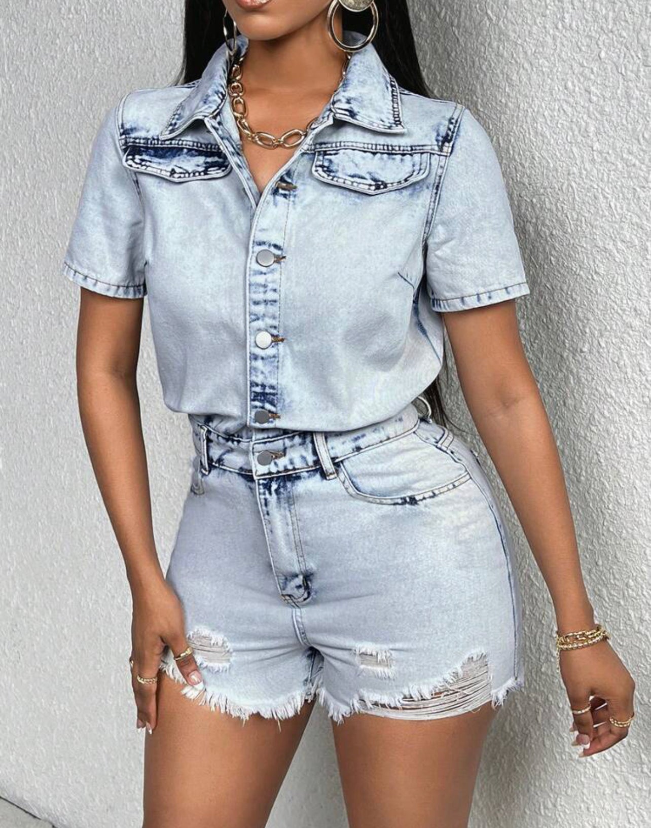 Combishort En Jean À Rabat À Bouton À Ourlet Effiloché