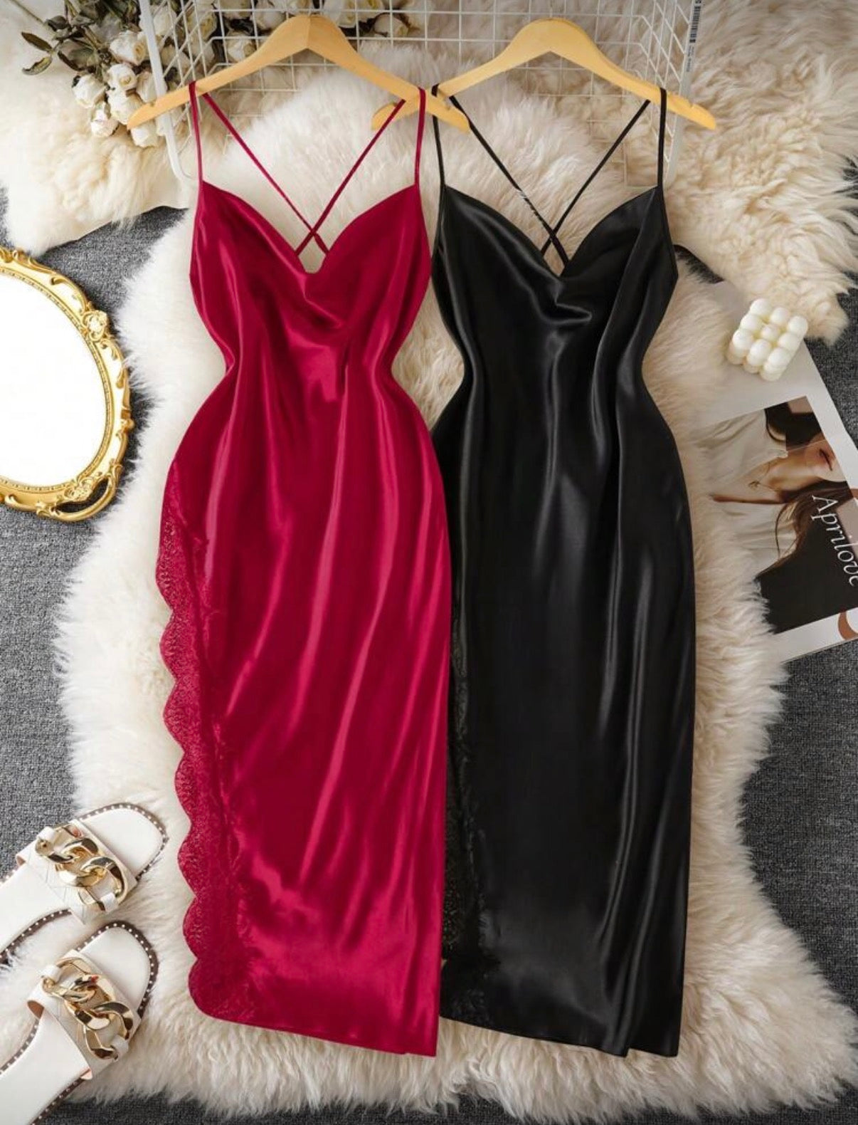 Ensemble de 2 pièces Sexy Dentelle Patchwork Fente Longue Robe de Nuit Babydoll Luxeloungewear