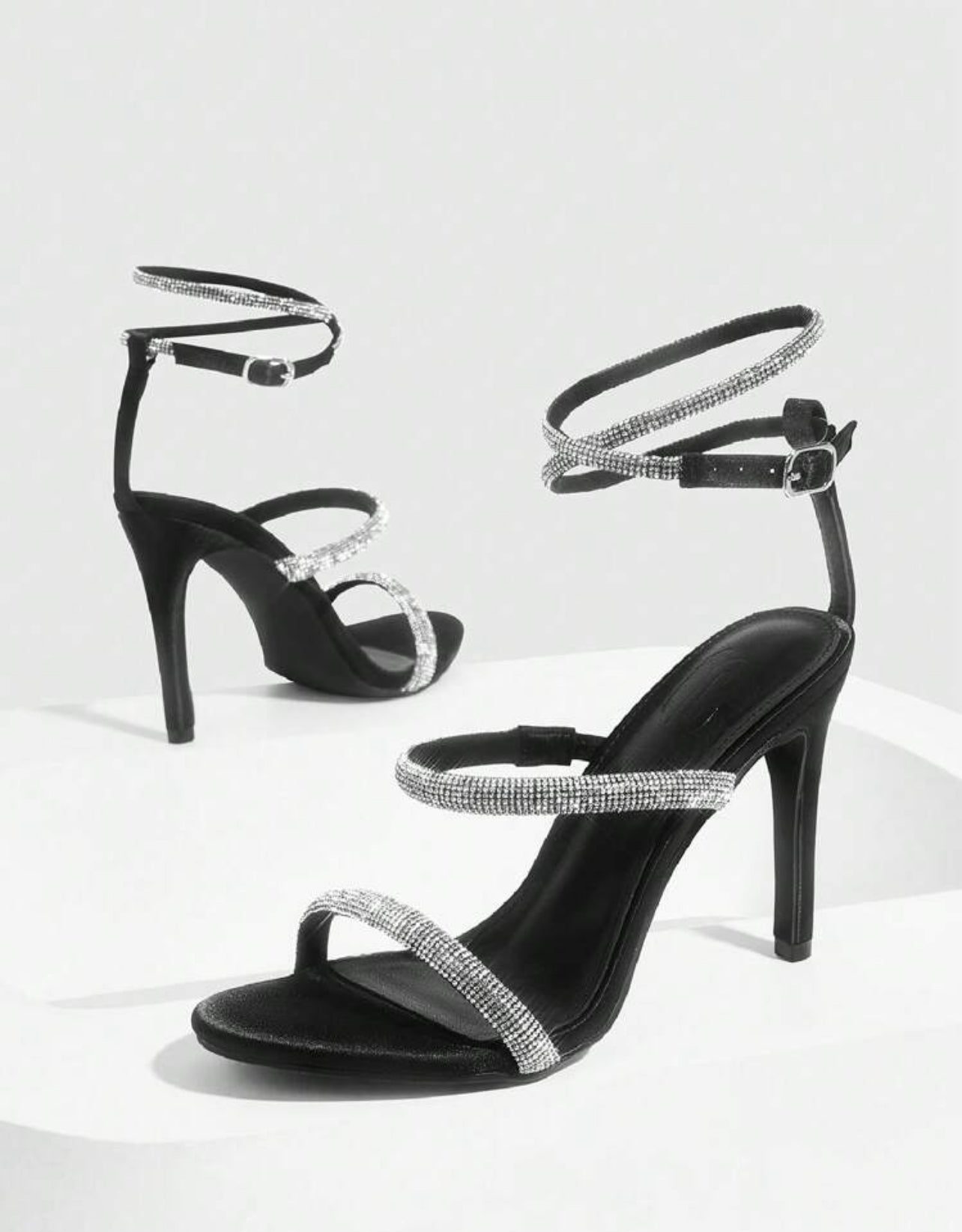 Black Heeled Sandals with Rhinestones - Glamour and Refinement