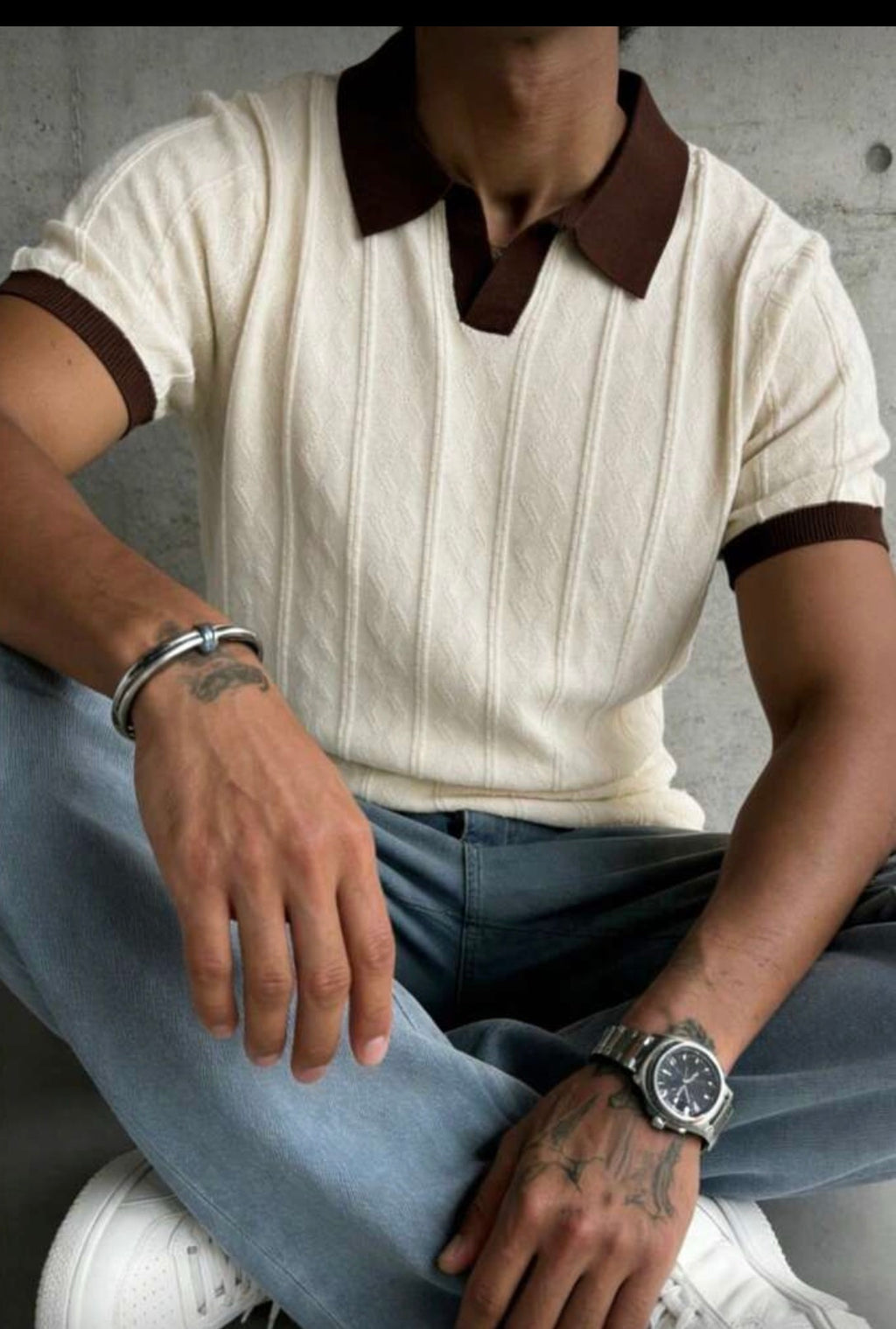 Polo en Maille Torsadée Contrasté – Style Vintage & Élégance Décontractée