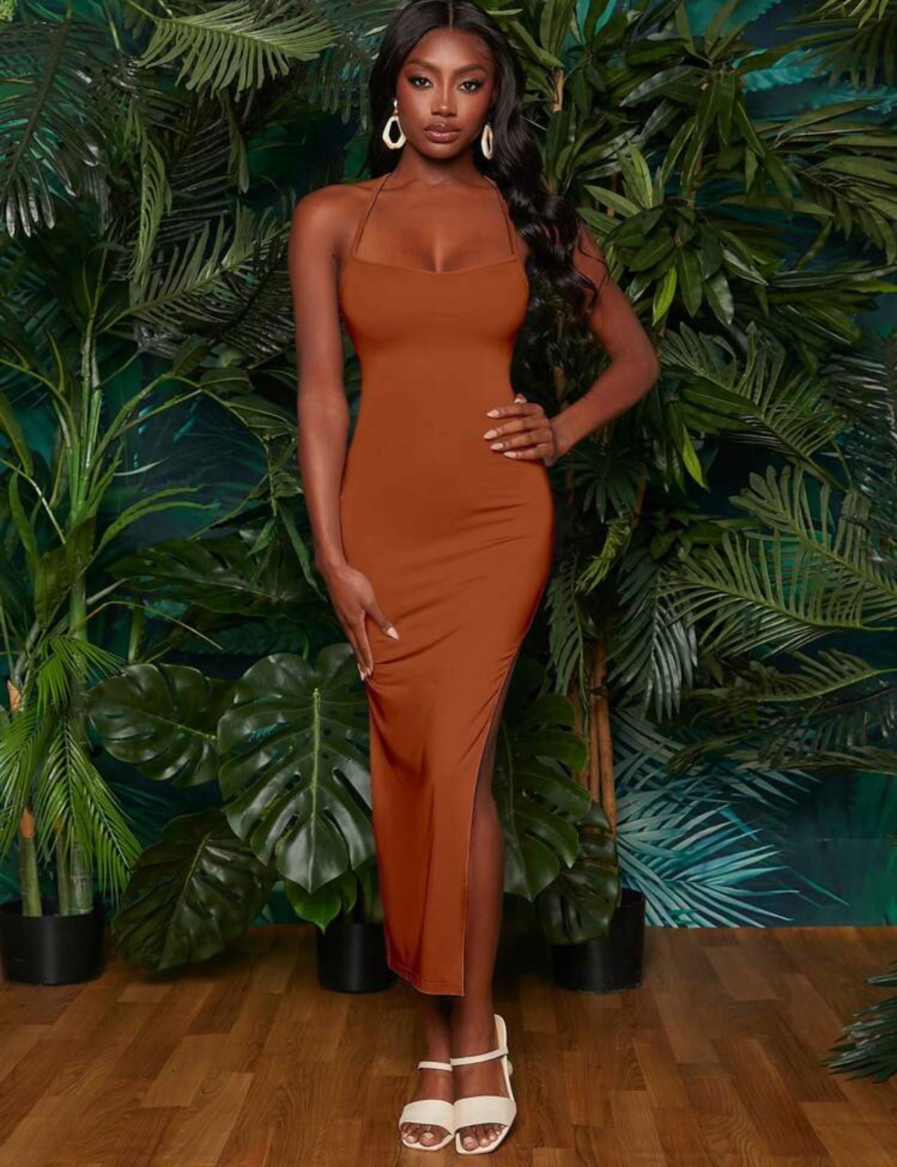 Bodycon Dress with Thin Straps, Backless, Lace-up, Slit