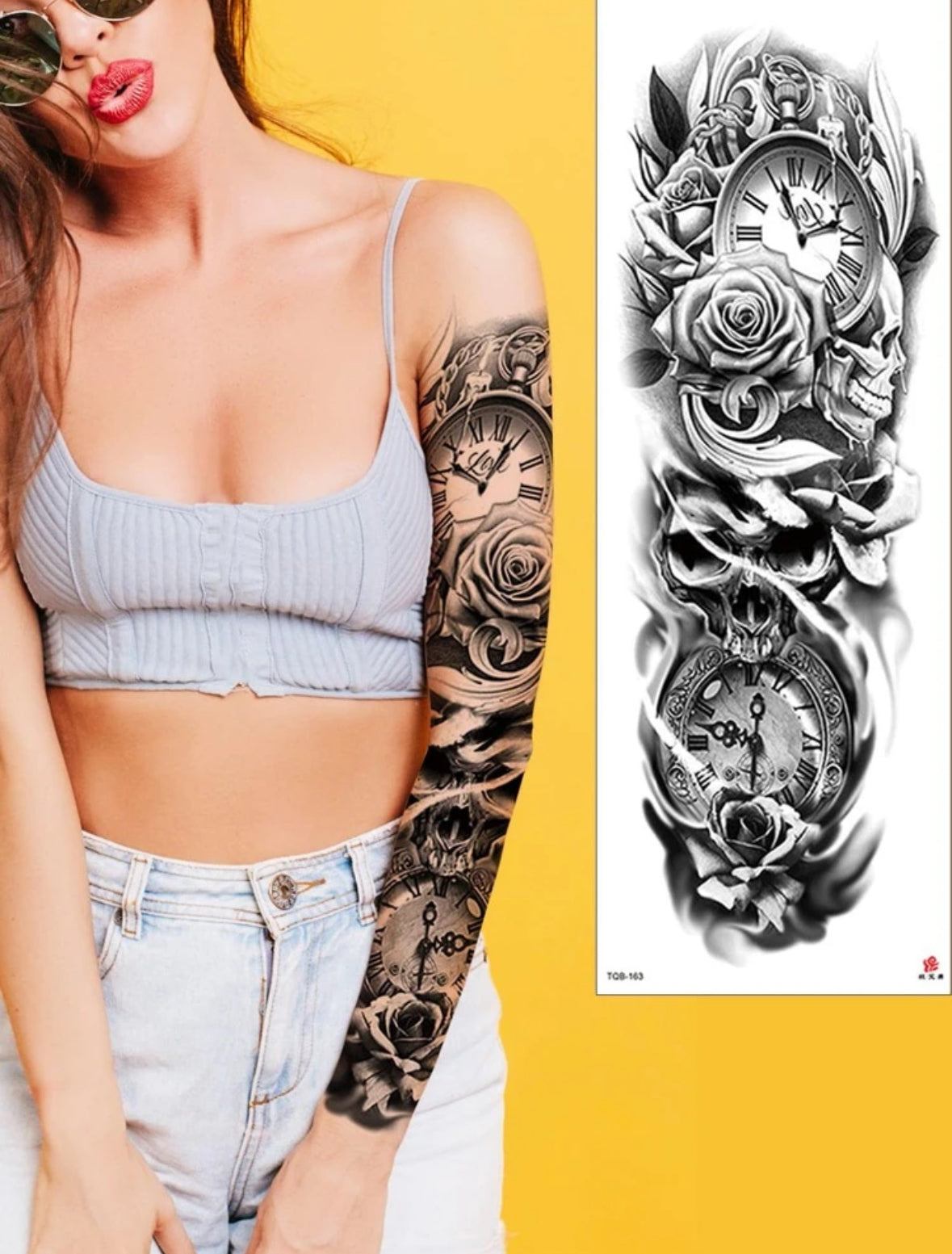 Tatouage Temporaire Bras Complet - Montre & Crâne