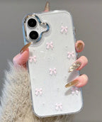 Coque Transparente Scintillante "Pink Bows" avec Perles – Édition Coquette
