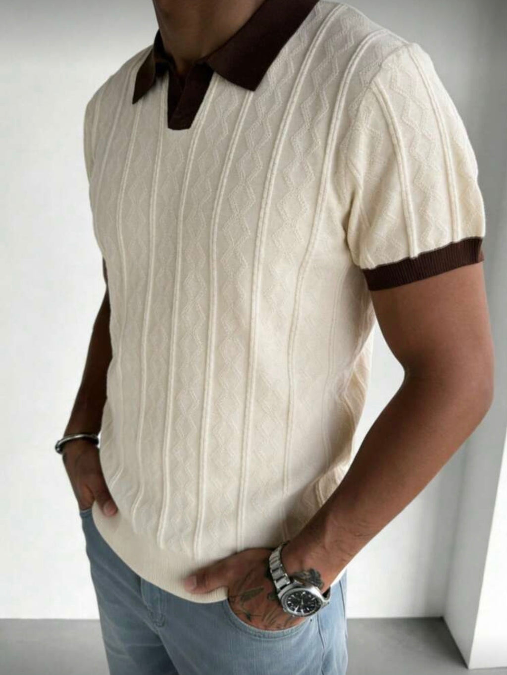 Polo en Maille Torsadée Contrasté – Style Vintage & Élégance Décontractée