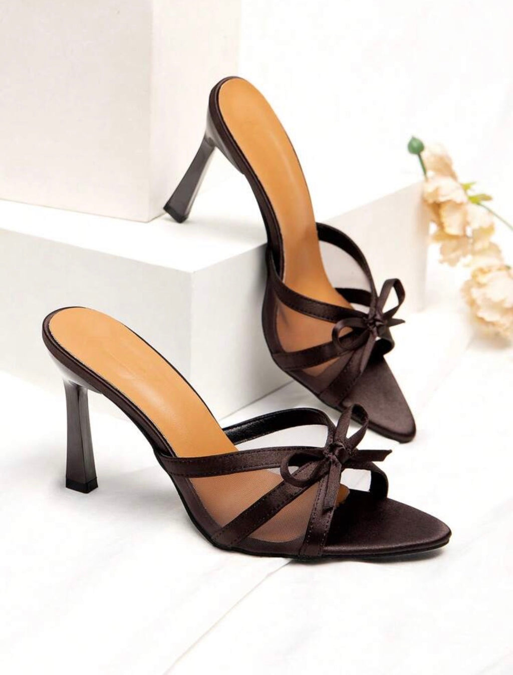 CUCCOO Chocolate Satin Bow Heeled Sandals