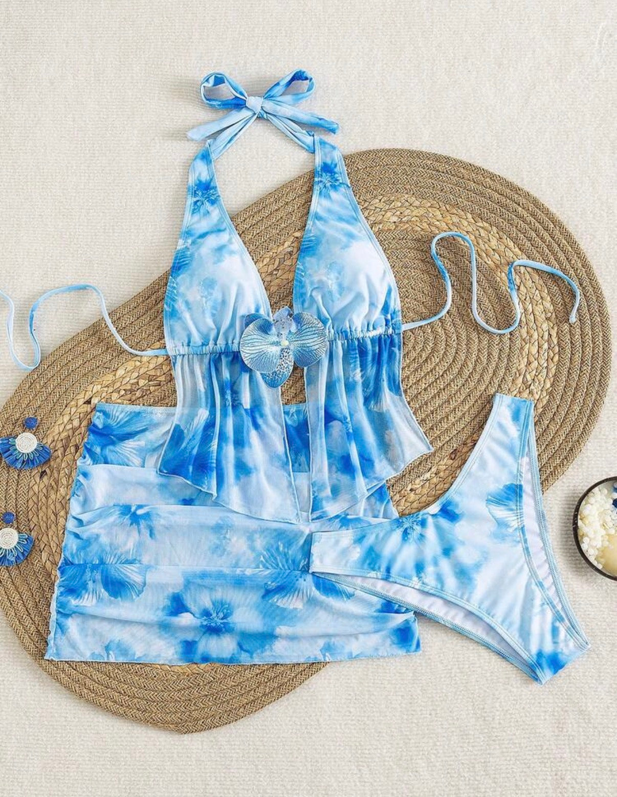 Ensemble Maillot de Bain 3 Pièces Floral & Voile de Plage