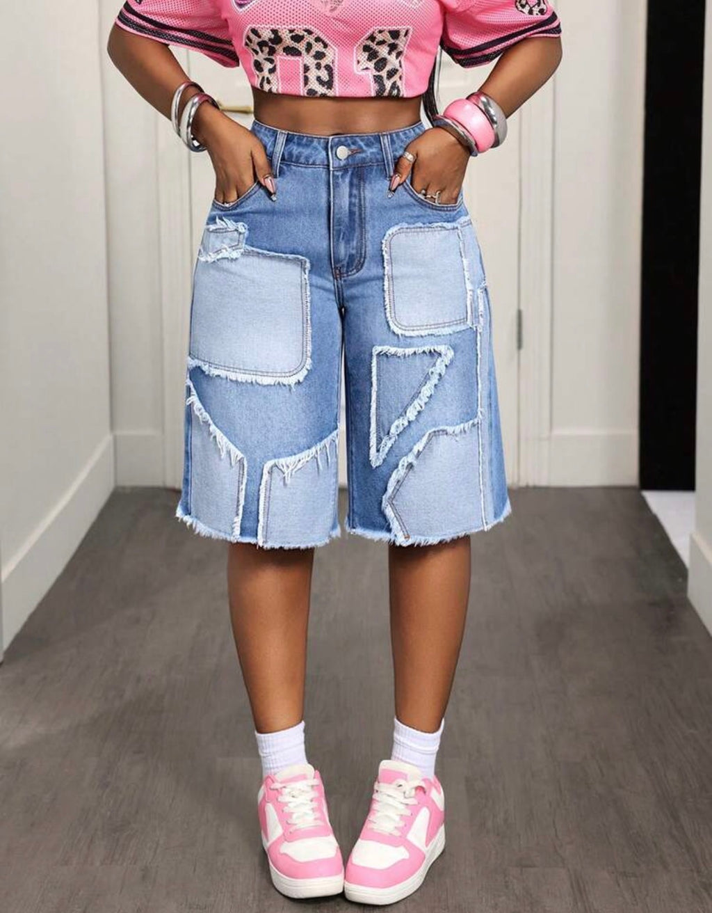 Bermuda jean femme patchwork bleu vue de face