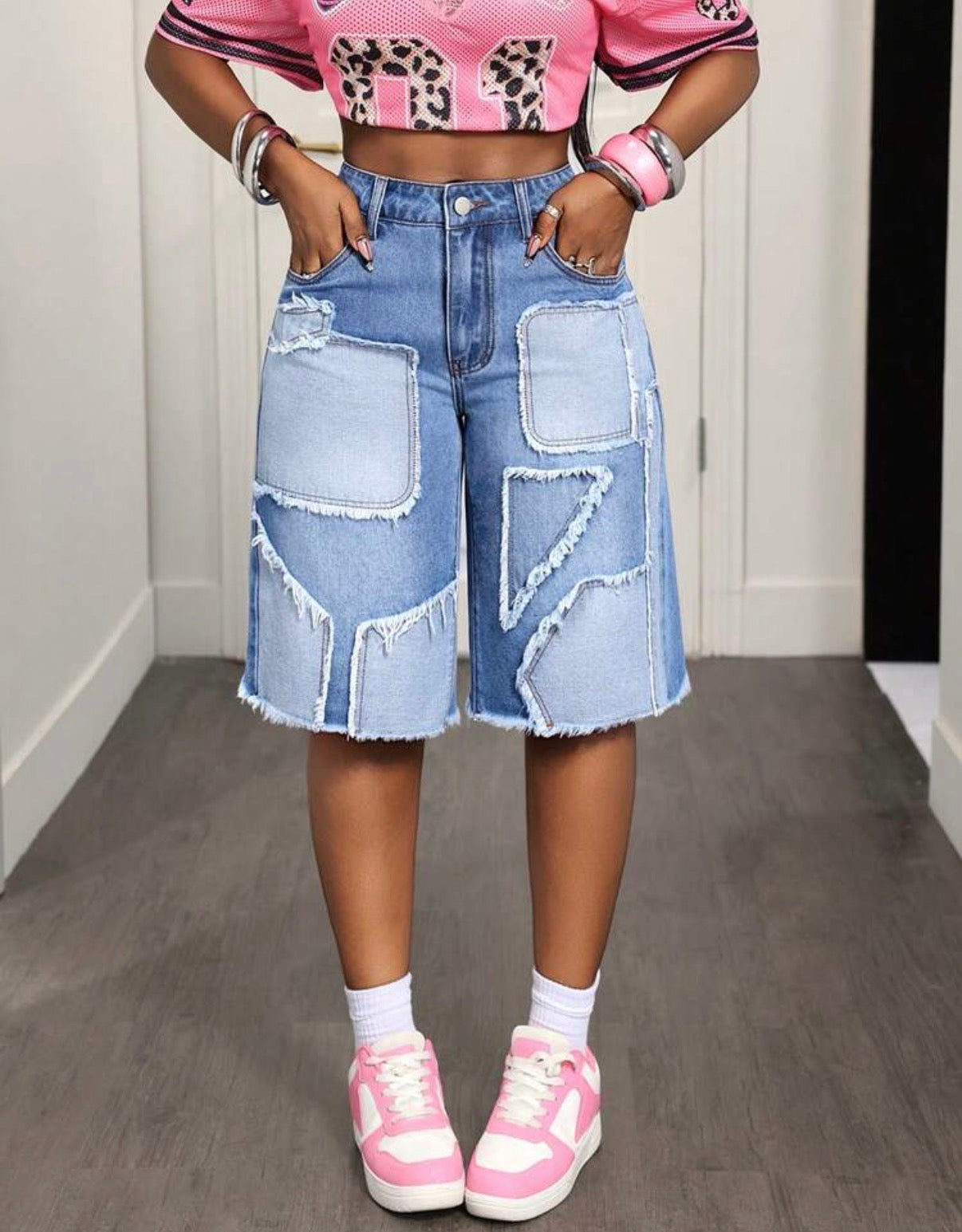 Bermuda jean femme patchwork bleu vue de face