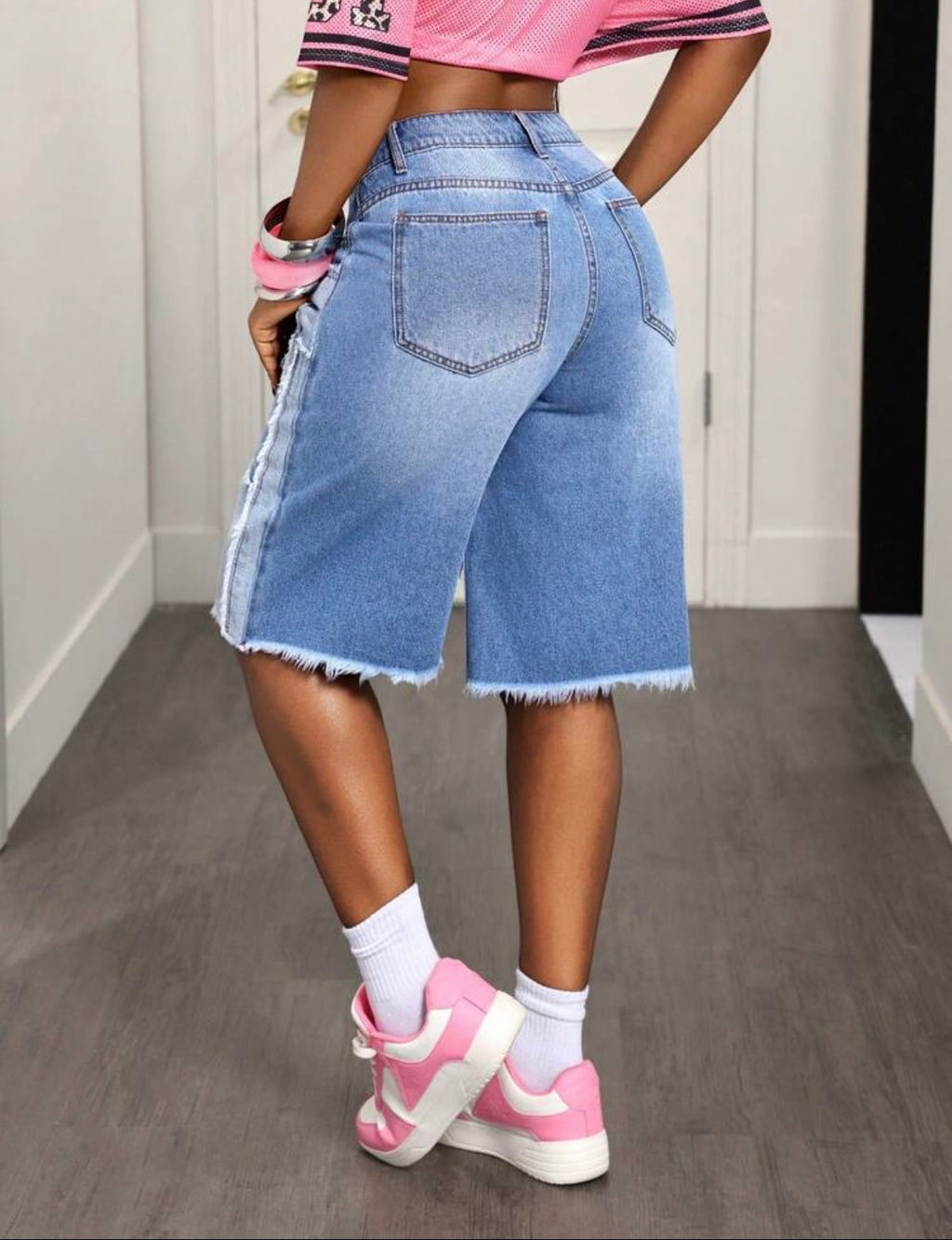 Bermuda jean femme patchwork bleu vue arrière