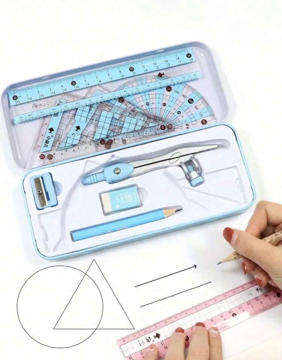 Coffret de géométrie 8 pièces bleu avec compas et instruments