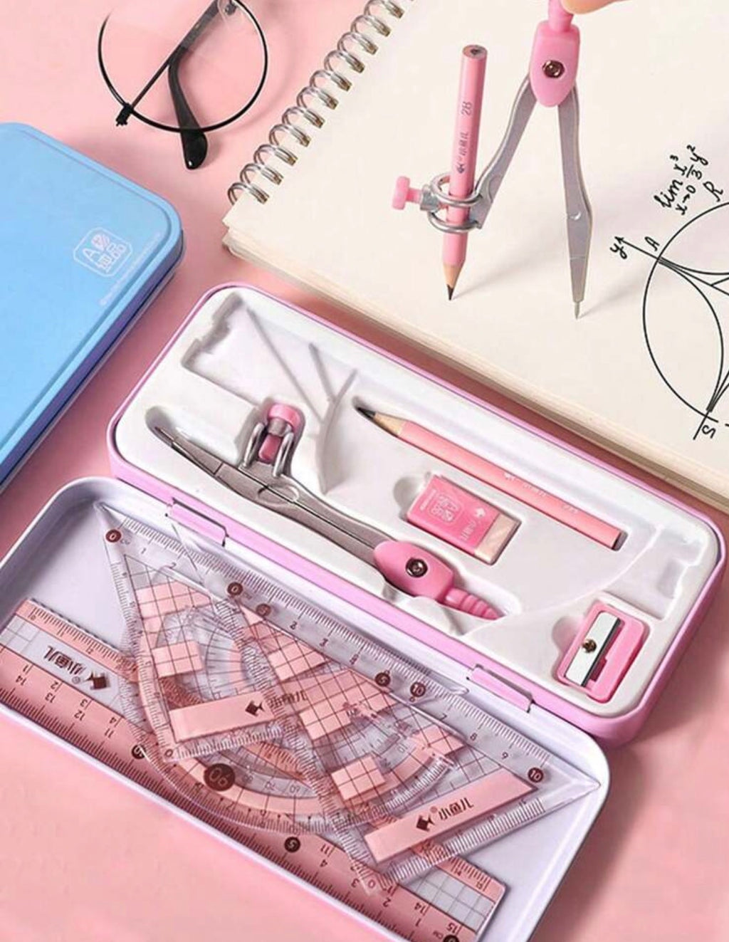 Coffret de géométrie 8 pièces rose avec compas, règles et accessoires