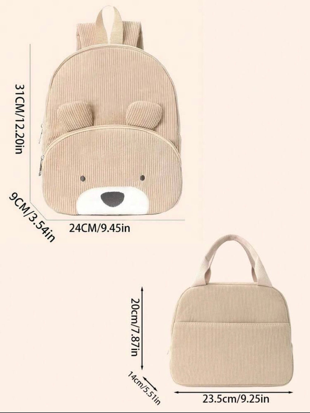 Dimensions de l’ensemble sac à dos et sac repas bébé personnalisé