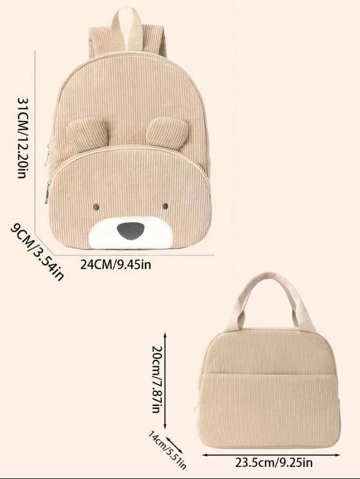 Dimensions de l’ensemble sac à dos et sac repas bébé personnalisé
