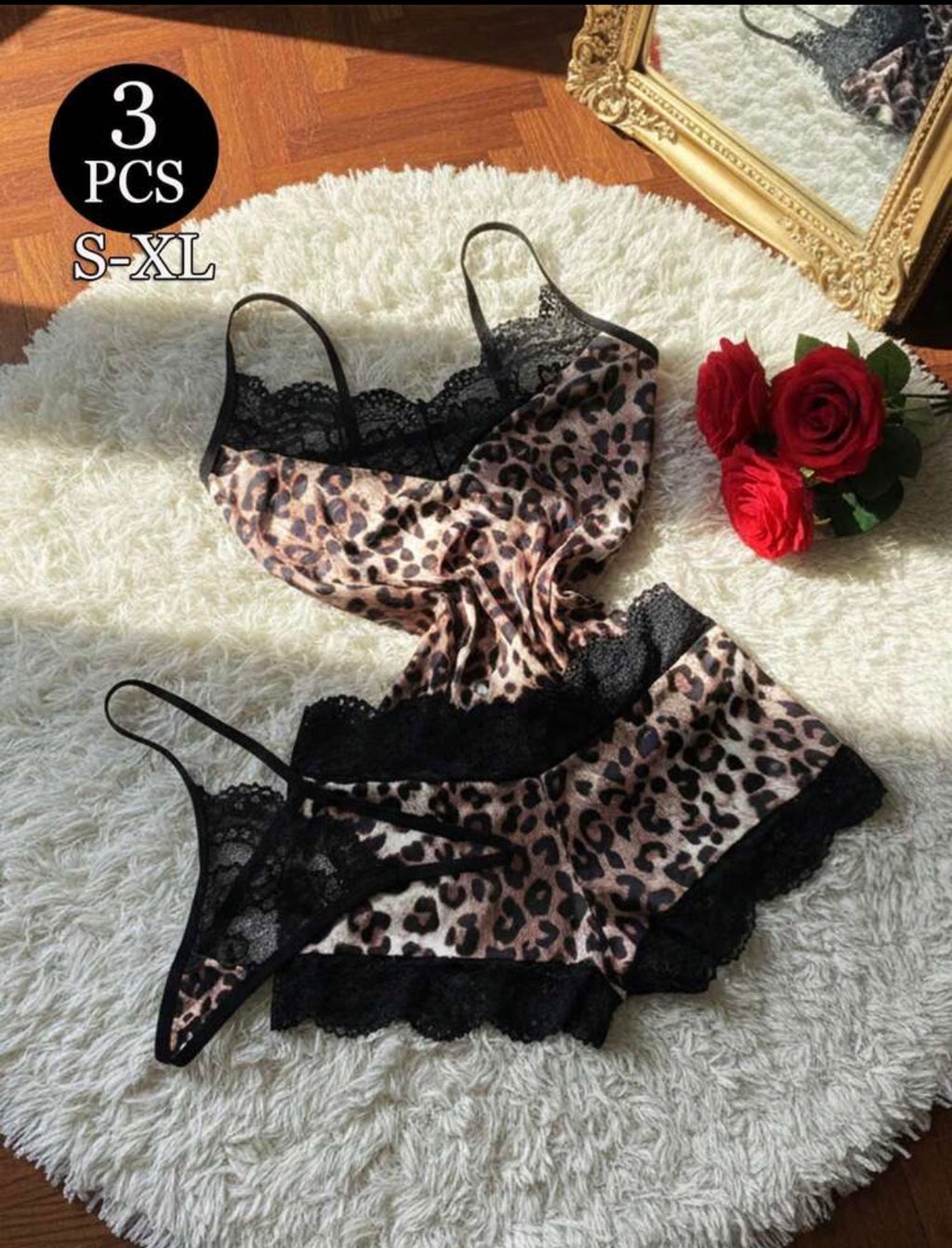 Ensemble lingerie 3 pièces imprimé léopard - détail