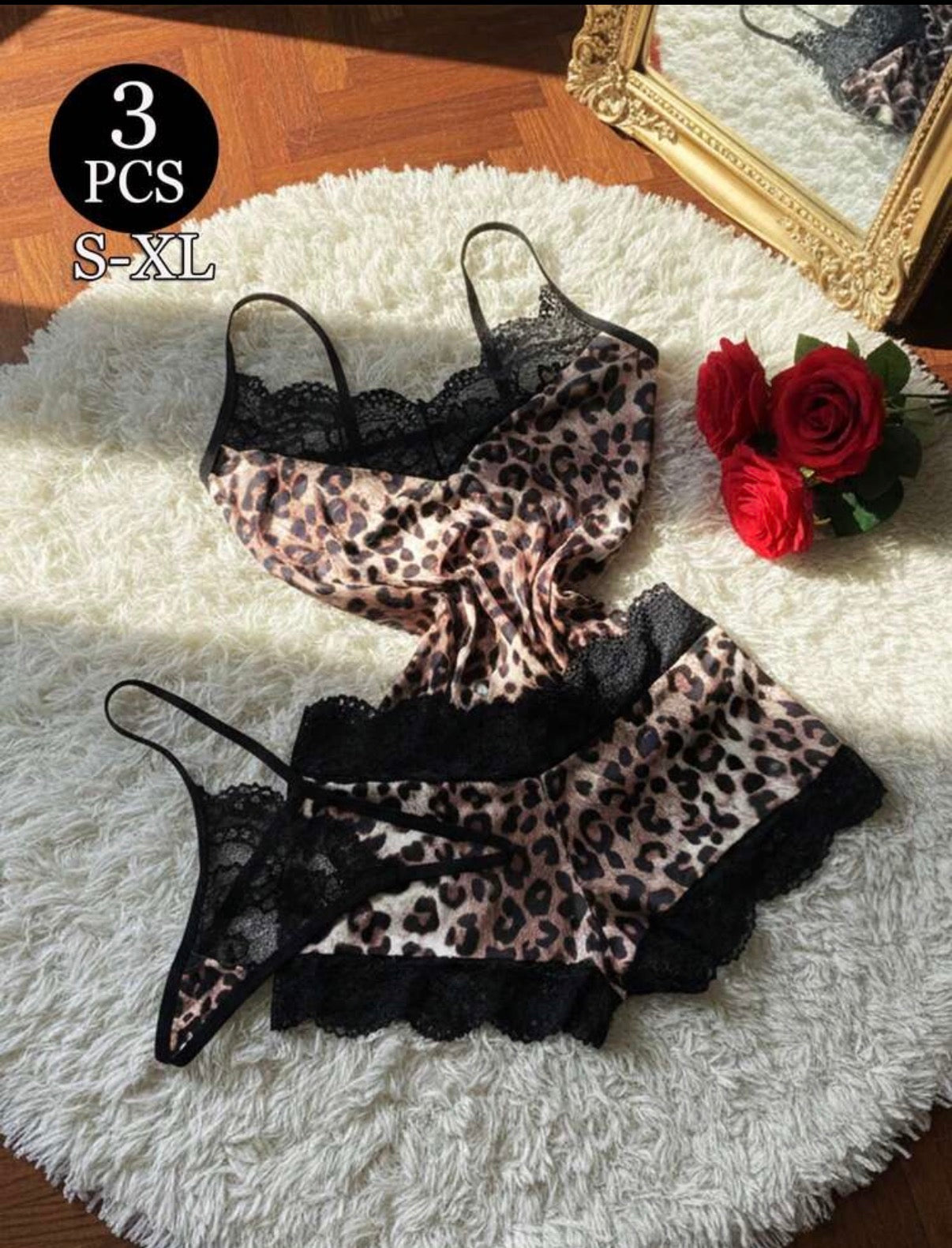 Ensemble lingerie 3 pièces imprimé léopard - détail