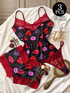 Ensemble lingerie 3 pièces noir et rouge - présentation