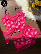 Ensemble lingerie 3 pièces rose motif lèvres
