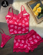 Ensemble lingerie 3 pièces rose motif lèvres - dos