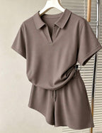 Ensemble polo et short femme taupe uni