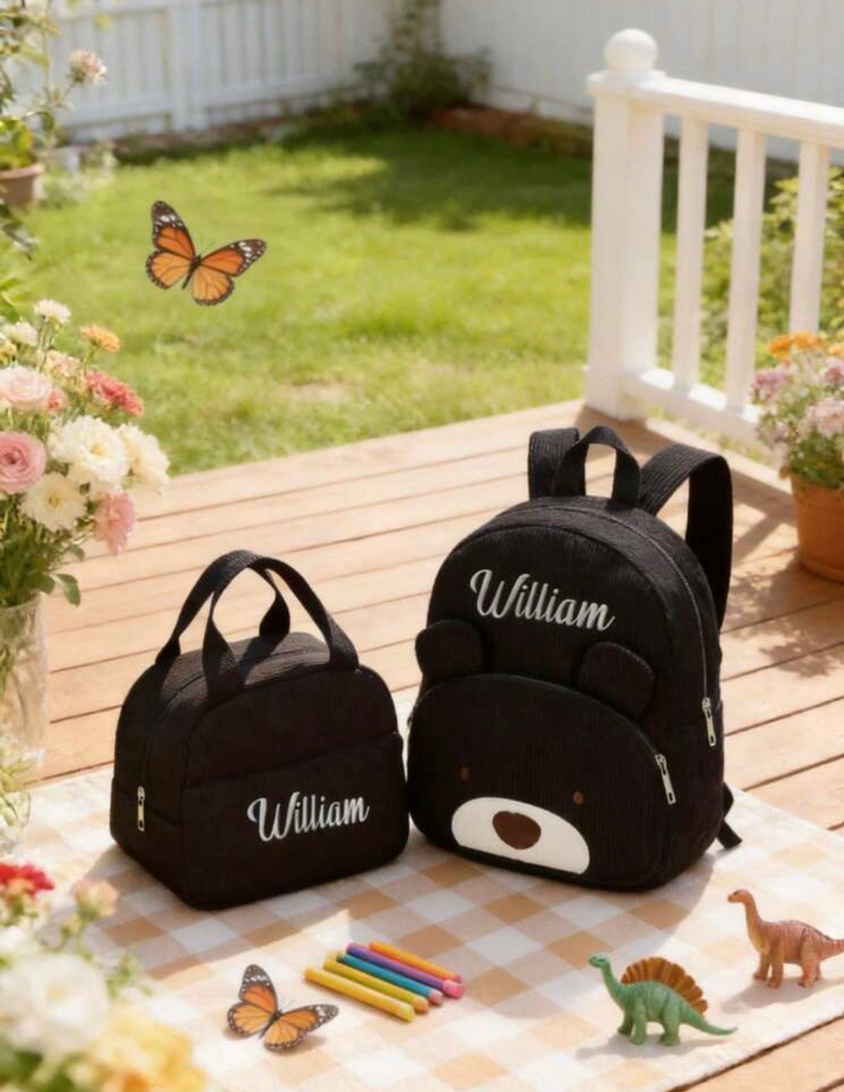Ensemble sac à dos et sac repas bébé personnalisé noir