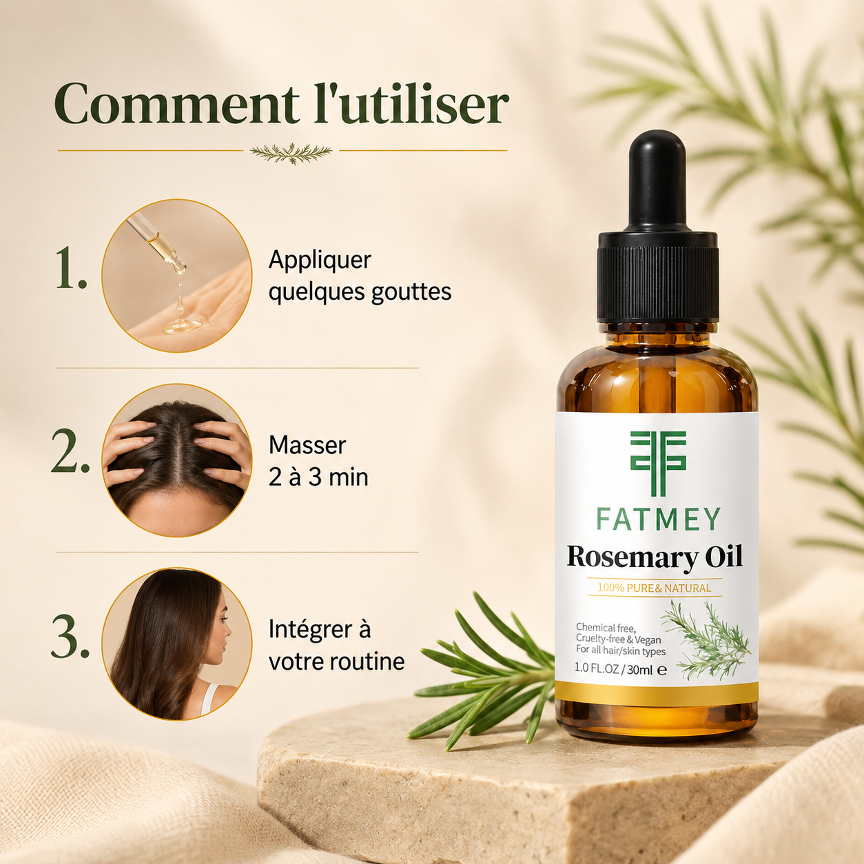 Comment utiliser l’Huile Capillaire au Romarin FATMEY
