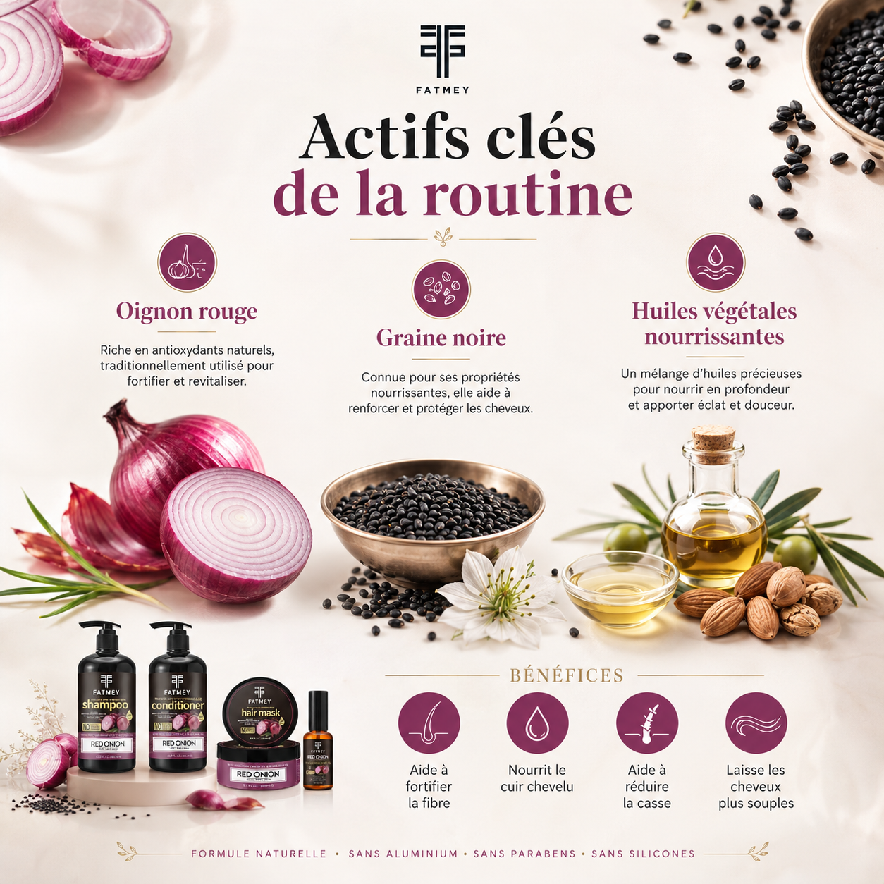 Actifs clés de la routine Oignon Rouge & Graine Noire FATMEY