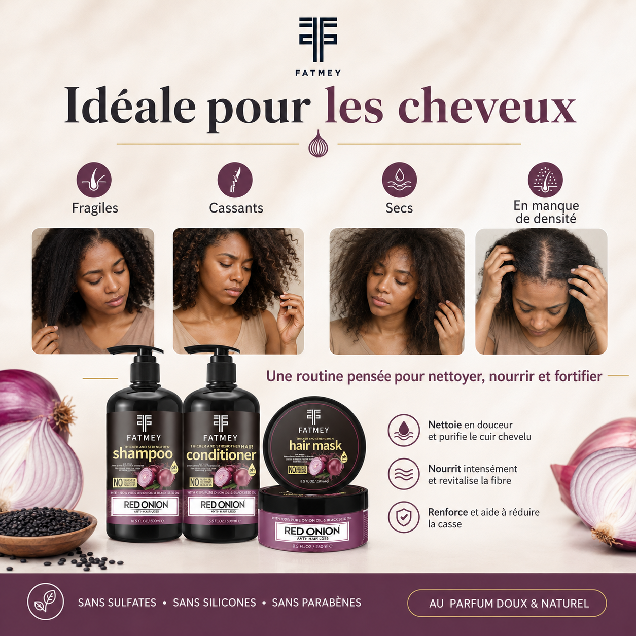 Routine FATMEY pour cheveux fragiles cassants secs et en manque de densité
